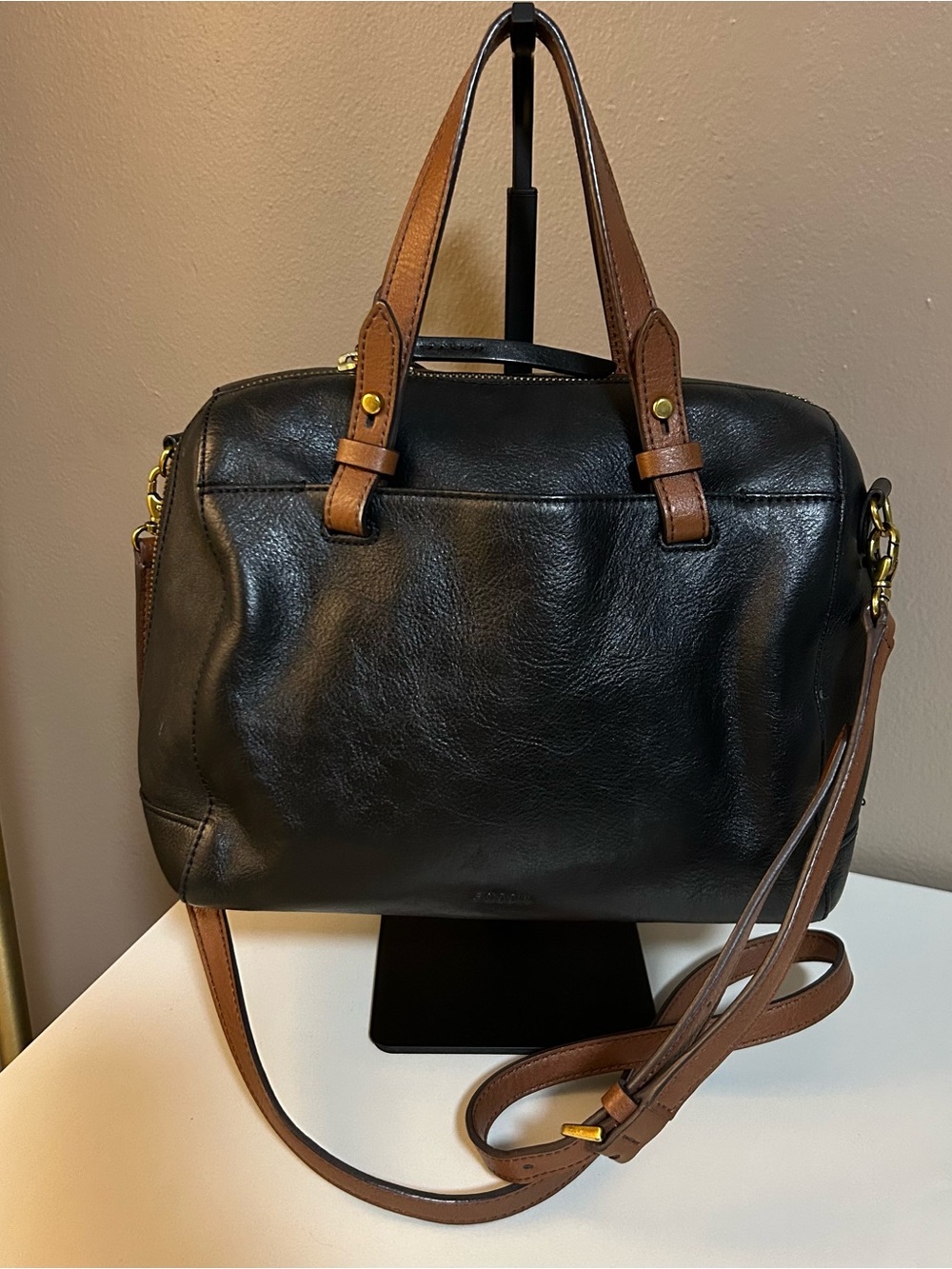 Fossil Leather Satchel Handbag Crossbody Purse Double Strap Black Brown